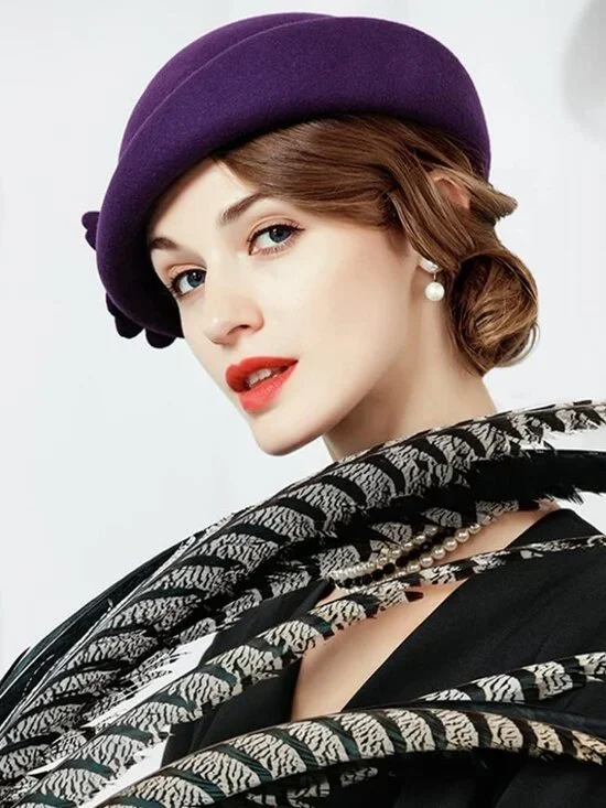 Women's Wool Felt Ribbon French Fashion Vintage Millinery Beret Hats Purple 1 - Picture 5 of 5